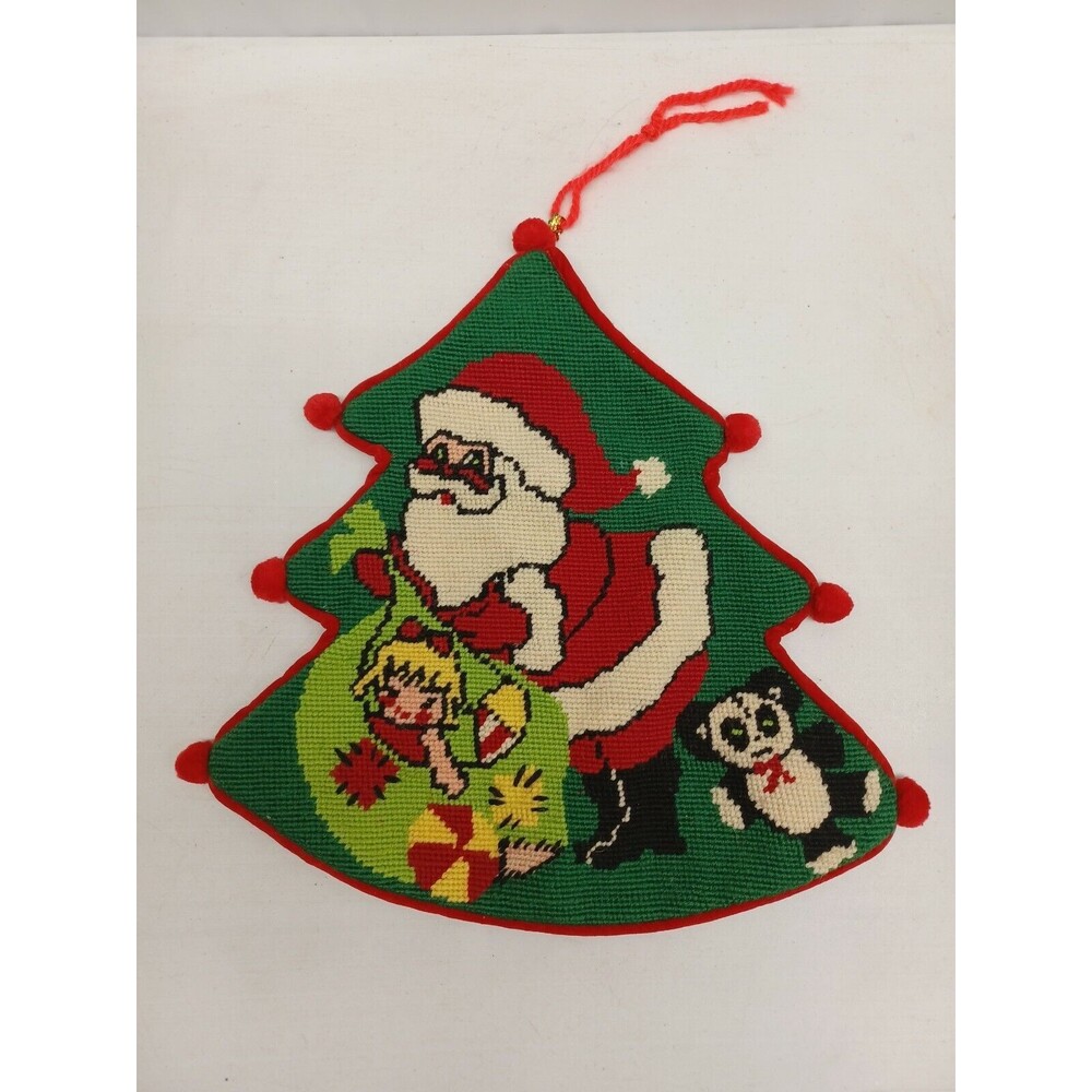 Vintage Needlepoint Christmas Tree Santa  Hang Door Wall Completed Pom Pom